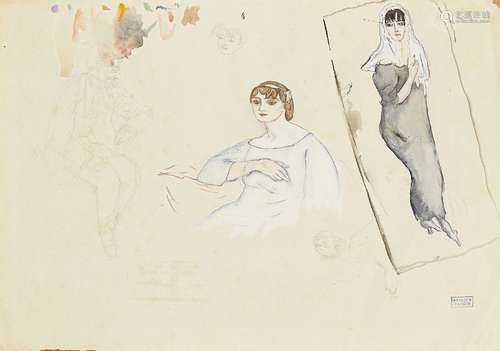 Jules Pascin, Bulgarian/American 1885-1930- Etudes de figures (studies of figures); watercolour, ink