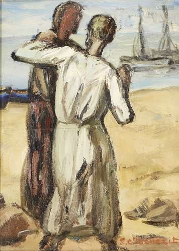 Emmanuel Charles Bénézit, French 1887-1975- Deux personnes au board de la mer; oil on panel,