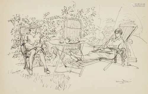 Henri Hayden, French 1883-1970- Femmes au jardin, 1950; ink, signed lower right; inscribed Fait à