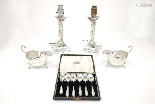 A pair of columnar silver candlesticks, converted to lamps, Sheffield, c. 1920, Thomas Bradbury &