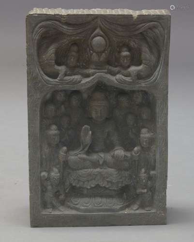 An Indian carved stone panel depicting Buddha, 20th century, 62cm high, 39cm wide300