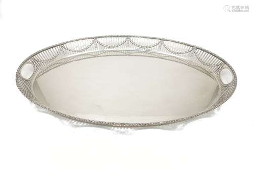 A large silver oval Adam style tray, Sheffield, c.1922, RF Mosley & Co., with flat base to pierced