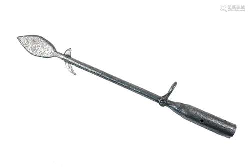 A wrought steel whale harpoon head, 19th century, with a paddle shaped tip and a swivelling spur