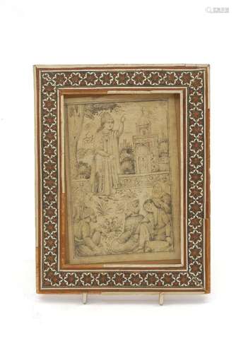 A Persian ink drawing on paper, late 19th century, depicting a scholarly circle, in an inlaid