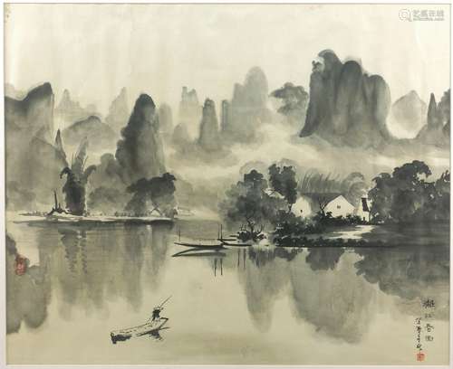 20th Century Chinese school, a fisherman in a river landscape, ink on paper, framed, signed with two