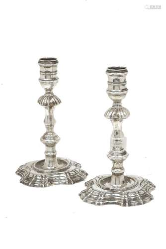 A pair of George II silver candlesticks, London, c.1743, Philip Garden, the shaped, moulded