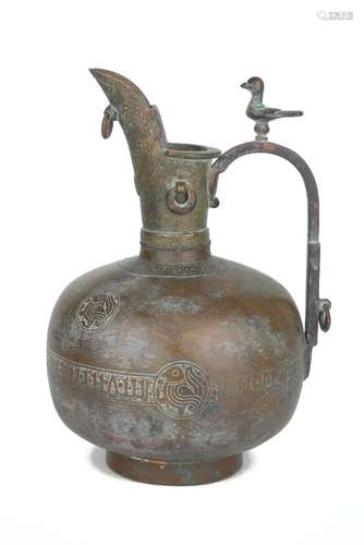 A Khorasan bronze ewer, Iran, 12th century, the body of globular form with a cylindrical neck and