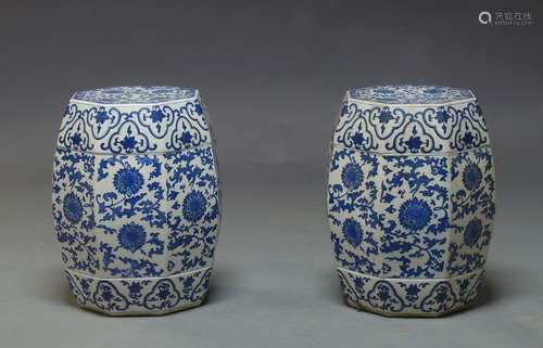 A pair of Chinese blue and white hexagonal garden seats, 18th century style, decorated with