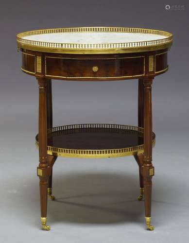 A Louis XVI style mahogany and gilt metal mounted bouillotte table, late 20th Century, the pierced