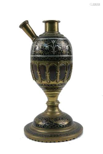 A brass and lac inlaid huqqa base, India, 19th century, the body of coconut shape, on a domed base