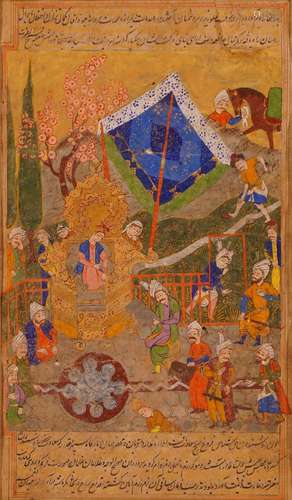 An Islamic manuscript, late 19th century, with a hunting scene with dogs and equestrian figures,