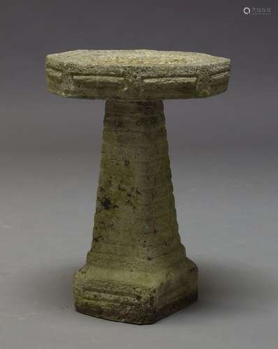 A Composite stone bird bath, late 20th Century, the octagonal top on square tapering column, 60cm