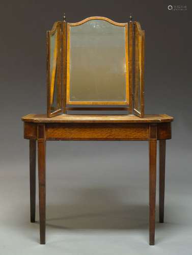 A George III satinwood and crossbanded D-shaped dressing table, with triptych mirror and two