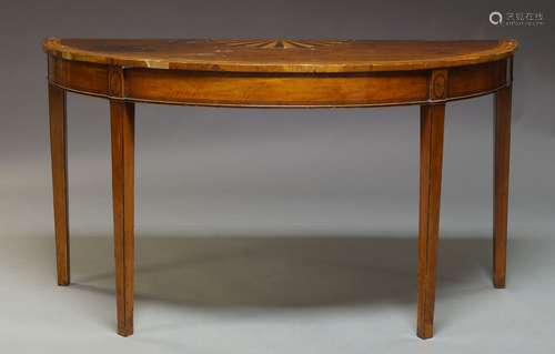 A large George III demi-lune pier table, the crossbanded top above square tapering supports, 76cm