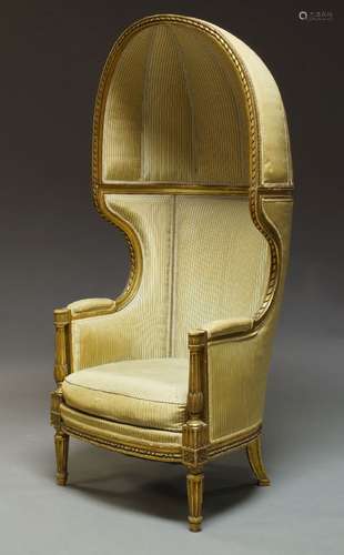 A Louis XVI style giltwood porter's chair, late 19th century, with striped upholstery, ribbon-carved