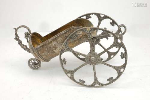 A silver table wine cradle, designed as a cannon, both main wheels and body stamped 925, the