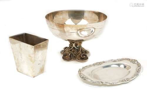 A Continental silver plated bowl on a sea scroll pedestal with four scrolling feet, twentieth