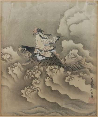 A Japanese watercolour depicting Kinko Sennin riding a carp, early 20th century, 31cm x 27cm, a