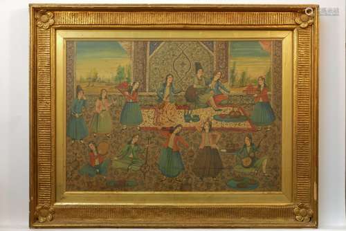 A Persian Painting, late 19th century, depicting a banquet scene, framed and glazed, 30x43cm100