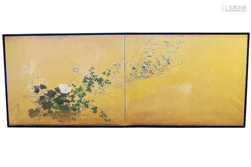 A Japanese furosaki two fold screen, 19th century, ink in colours against gold ground, decorated