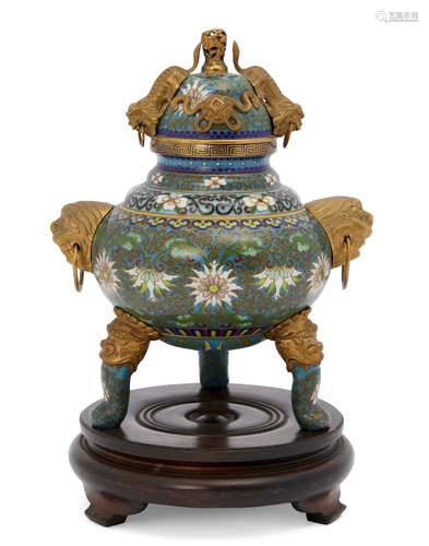 A Chinese gilt metal and cloisonné tripod censer, 20th century, the cover applied with gilt metal