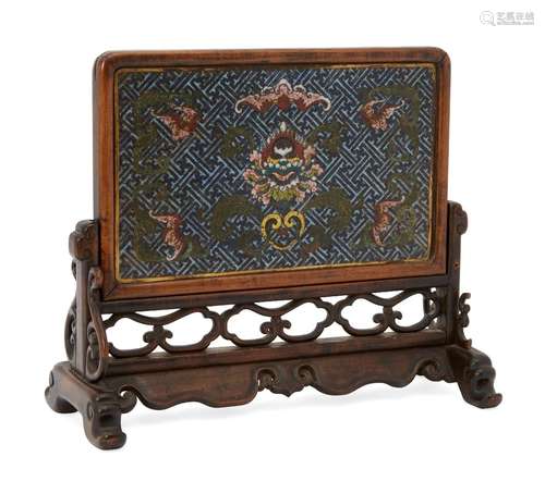 A Chinese cloisonné rectangular table screen, 18th century, centered with a stylised lotus flower