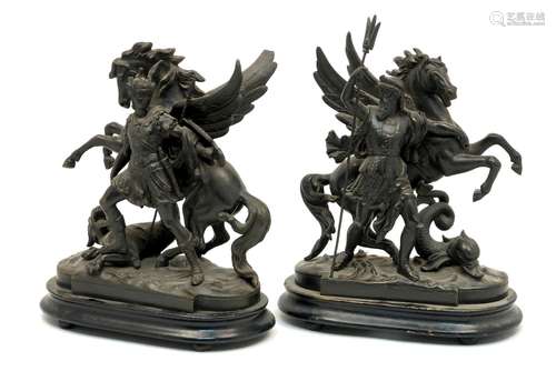 A pair of early 20th century spelter figurines of Marley Horses with depictions of Poseidon and