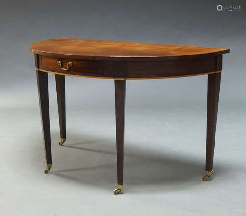 A mahogany and line strung demi lune side table, late 19th Century, with single frieze drawer,