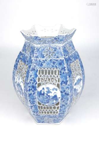 A Chinese blue and white pierced porcelain hexagonal shade, late 19th/early 20th century,