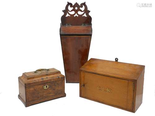 A George III brass handled mahogany tea caddy with three section interior compartment, together with