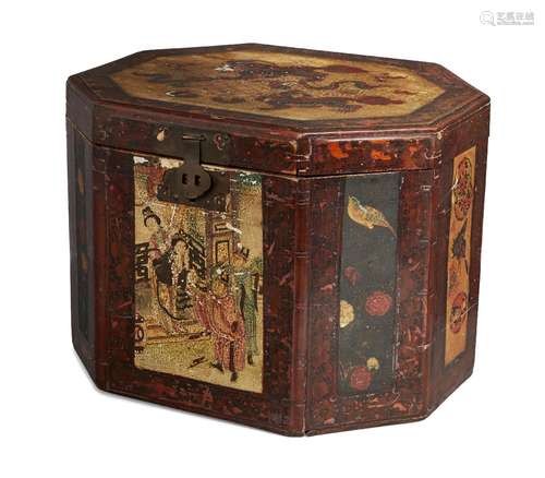 A Chinese lacquer hexagonal box, 20th century, decorated with panels of birds, flowers and