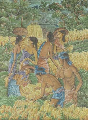 An Indonesian painting of a harvest scene with figures working in the field, 20th century, colour on