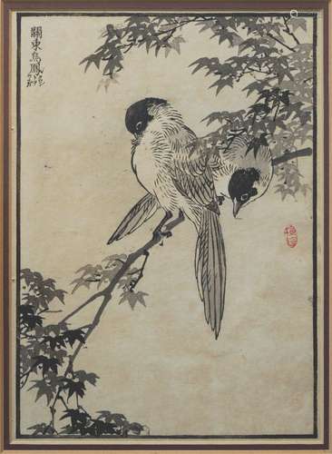 Kono Bairei, Japanese 1844-1895, Magpies on a maple branch, 1881, woodblock print, sealed Bairei,