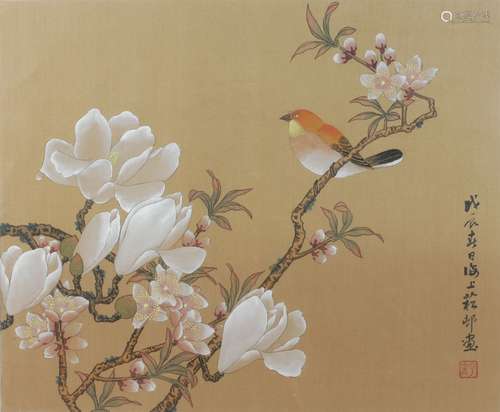 A pair of Chinese paintings of birds in branches, 20th century, with flowering blossom and