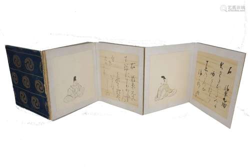 A Japanese eighteen fold album, late 19th/ early 20th century, the cover of blue woven silk with