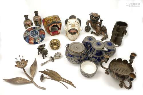 A wooden Tribal mask with articulating jaw, together with a wooden tiger mask, a Chinese bronze