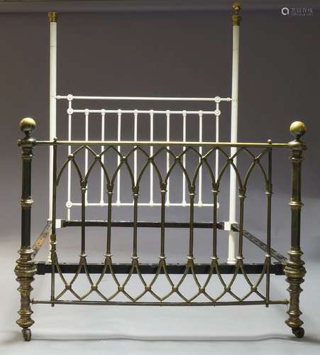 An Edwardian brass and white painted double bed frame, consisting of white painted headboard and