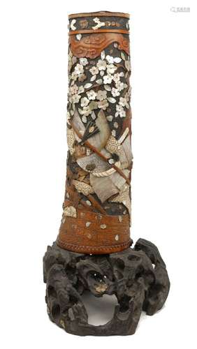 A Japanese mother of pearl and bamboo vase, early 20th century, decorated with a samurai figure