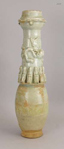 A large Chinese celadon funeral vase, Song Dynasty or later, with lines of figures to the middle,