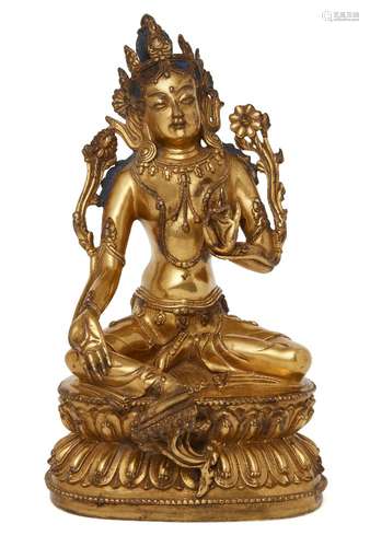 A Sino-Tibetan gilt-bronze seated figure of Avalokiteshvara, 18th/19th century, seated in lalitasana