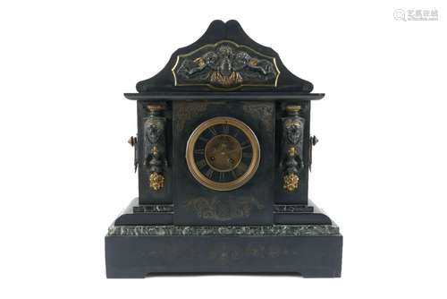 A Victorian black slate and marble mantel clock, of architectural design with an arched top and