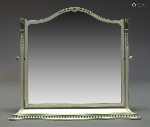 A large white painted dressing table mirror, 20th Century, the top with serpentine outline, raised