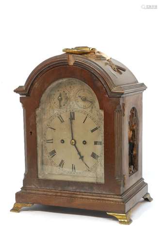 A George III style mahogany silver dial bracket clock, late 19th/early 20th century, the case with