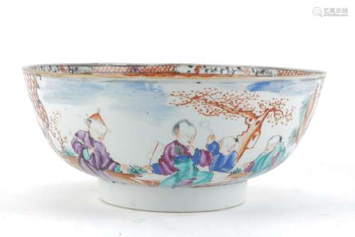 A Chinese export porcelain punch bowl, 18th century (?), painted in famille rose enamels with panels