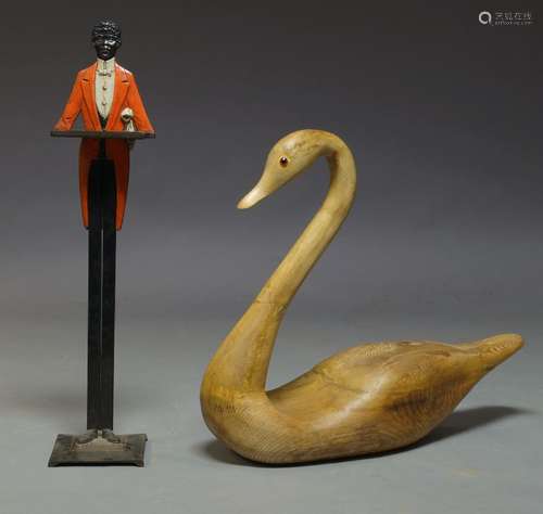 A large wooden model of a swan, 20th century, 74cm high, together with a card waiter in the form