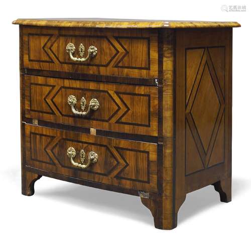 A Continental olive wood and inlaid bow front chest of drawers, possibly Maltese, 18th century, with