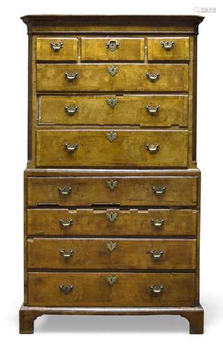 A George I walnut secretaire chest on chest, the moulded cornice above three short and three long