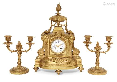 A French gilt bronze mantel clock, late 19th/early 20th century, the case mounted with a large urn