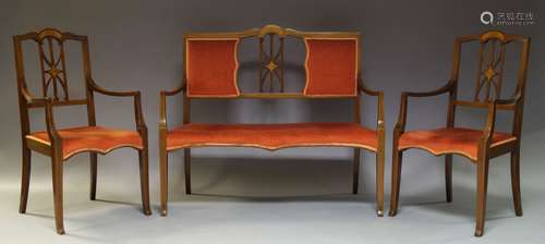 An Edwardian three-piece pink upholstered mahogany and line inlaid salon suite, a Reproduction