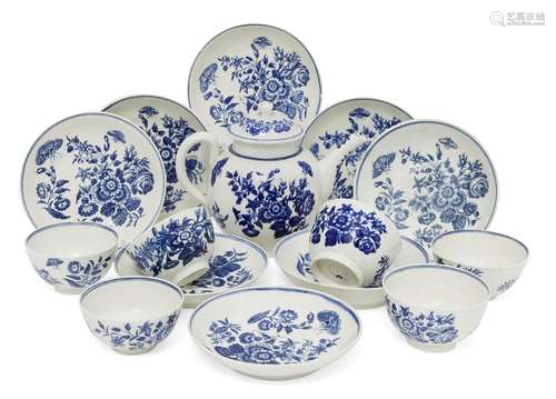 A collection of Worcester blue and white printed porcelain tea wares, circa. 1751-1780, each printed